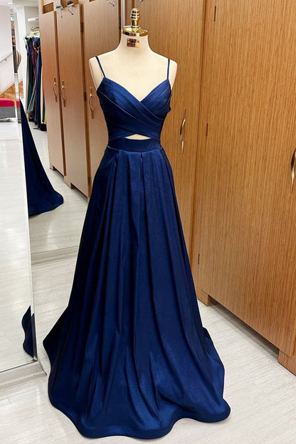 Navy Blue Surplice Cutout Lace-Up Maxi Graduation Formal Dress - DollyGown