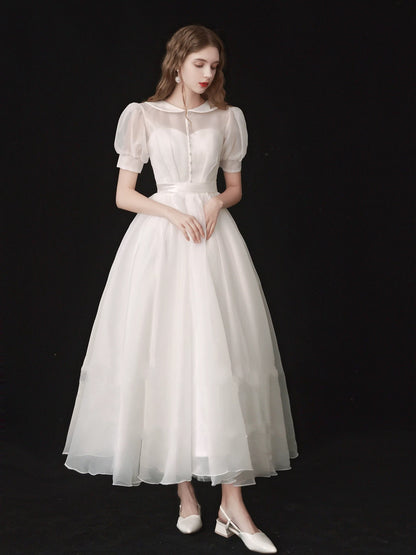 Modest Organza Tea Length 50s Wedding Dress with Short Sleeves - DollyGown