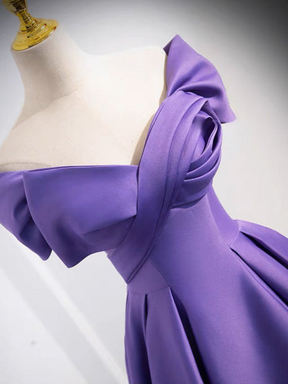 A-Line Twist-Front off Shoulder Satin Purple Ball Gown Prom Dress - DollyGown