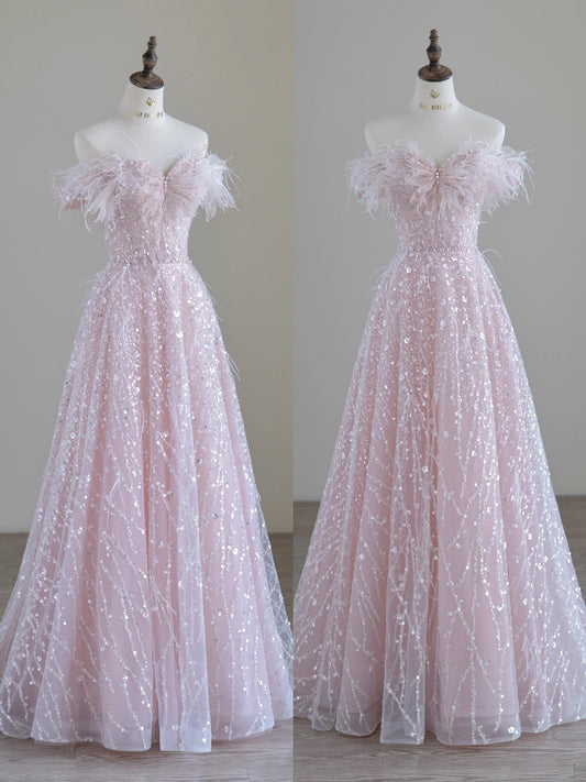 Off Shoulder Feather Pink Glitter Prom Dress - DollyGown