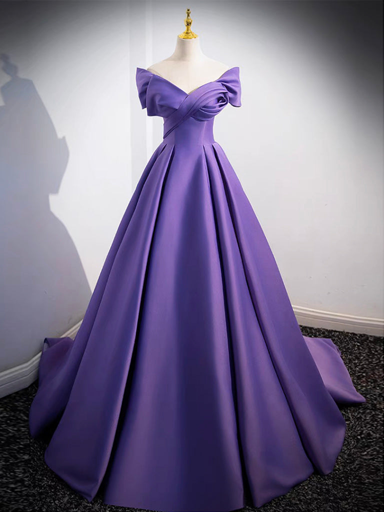 A-Line Twist-Front off Shoulder Satin Purple Ball Gown Prom Dress - DollyGown