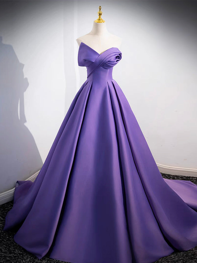 A-Line Twist-Front off Shoulder Satin Purple Ball Gown Prom Dress - DollyGown