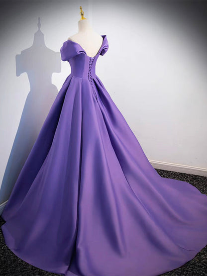 A-Line Twist-Front off Shoulder Satin Purple Ball Gown Prom Dress - DollyGown