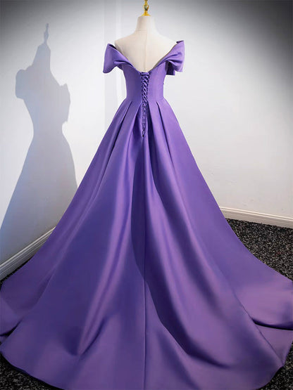 A-Line Twist-Front off Shoulder Satin Purple Ball Gown Prom Dress - DollyGown