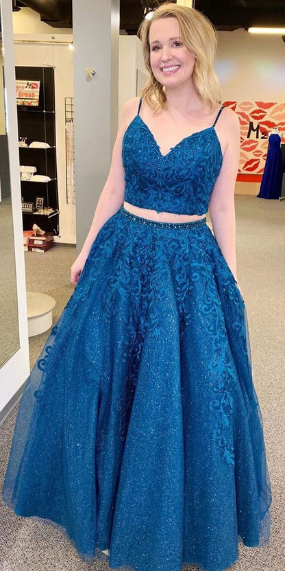 Royal Blue Spaghetti Strap Lace Two Piece Long Prom Dress - DollyGown