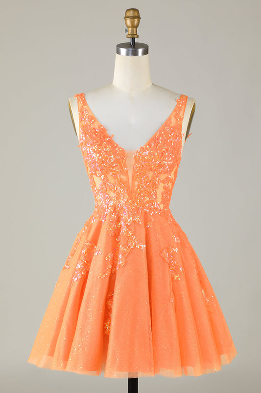 Orange Glitter Applique V-Neck Tulle Homecoming Dress - DollyGown