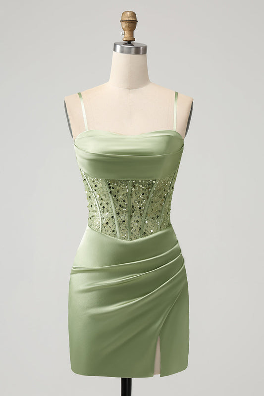 Corset Sequin Mini Homecoming Dress in Sage Green - DollyGown