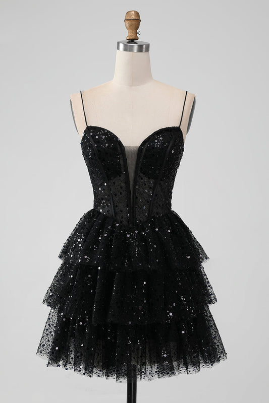 Black Tulle Sequin Ruffle Tiered Short Homecoming Dress - DollyGown