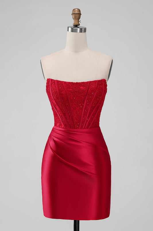 Strapless Lace Ruched Bodycon Short Red Homecoming Dress - DollyGown