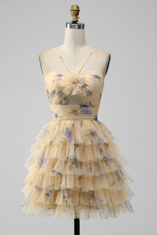 Yellow Print Keyhole Ruffle Tiered Short Homecoming Dress - DollyGown