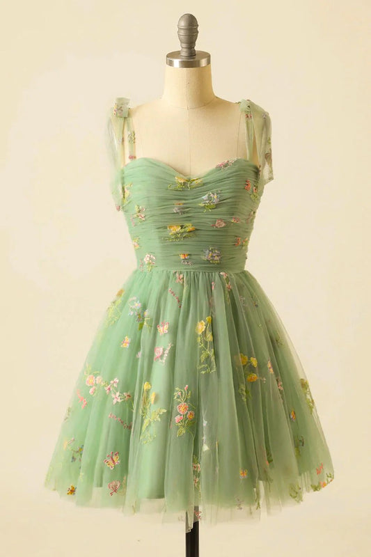 Sage Green Floral Embroidery Short Homecoming Dress - DollyGown