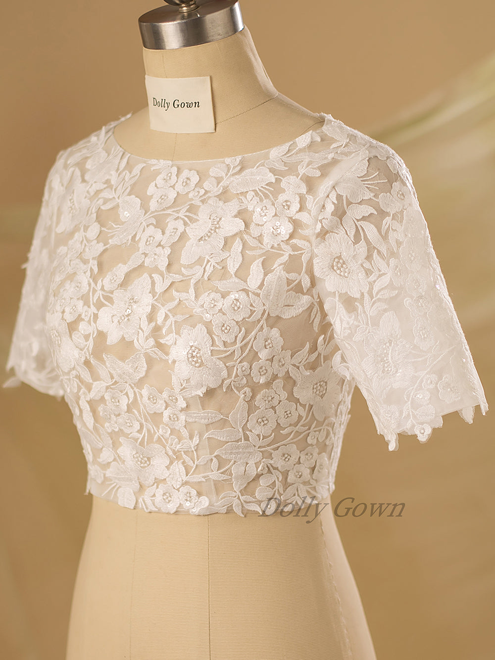 Shelbi Open Back Lace Bridal Top with 1/2 Sleeves - DollyGown