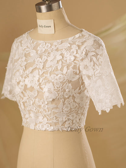 Shelbi Open Back Lace Bridal Top with 1/2 Sleeves - DollyGown