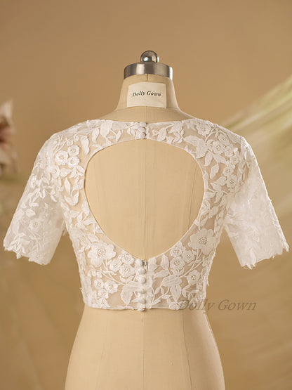 Shelbi Open Back Lace Bridal Top with 1/2 Sleeves - DollyGown