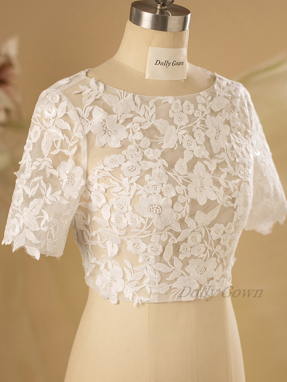 Shelbi Open Back Lace Bridal Top with 1/2 Sleeves - DollyGown