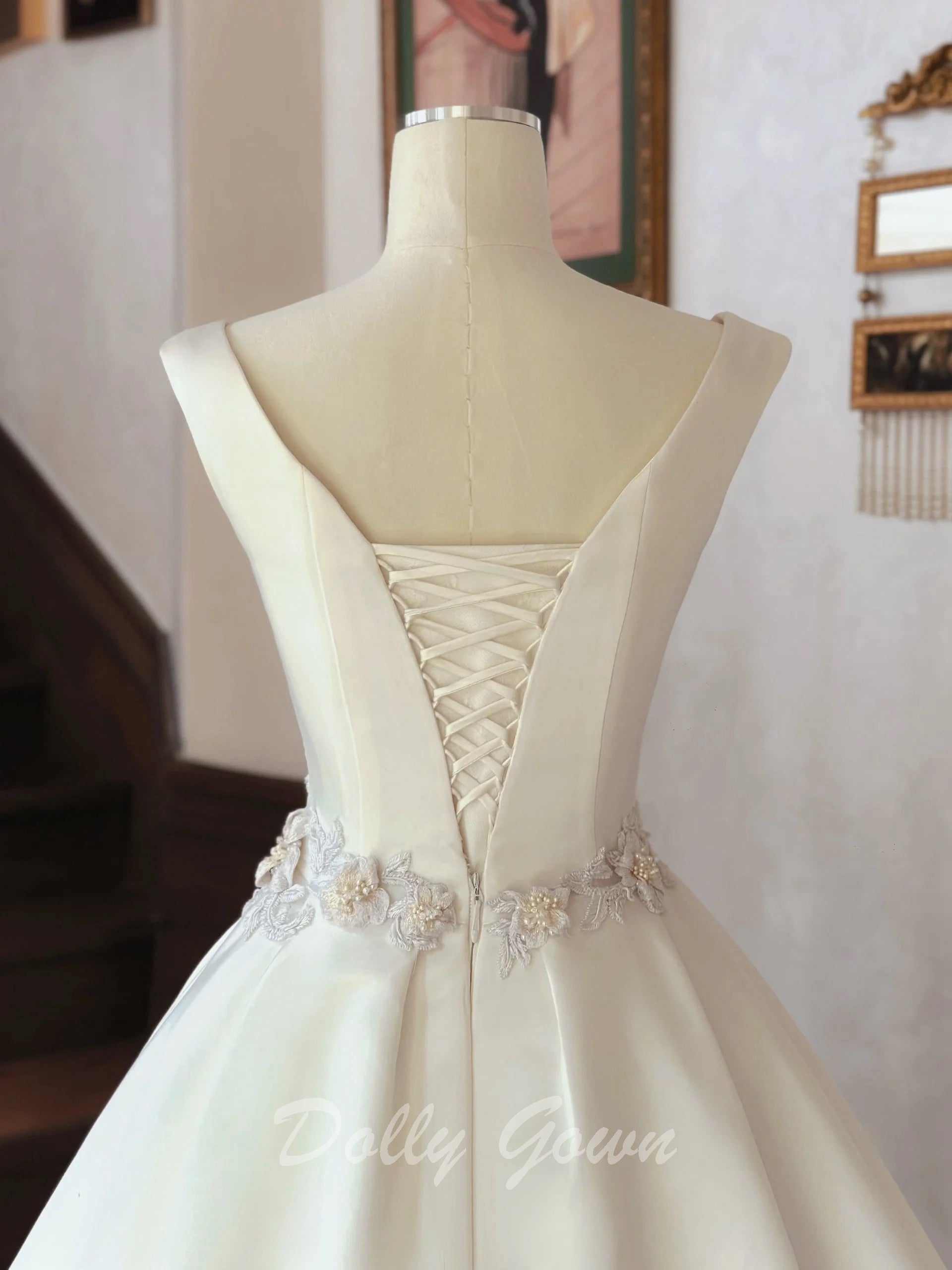 Simple Boat Neck Satin Ball Gown Wedding Dress - DollyGown