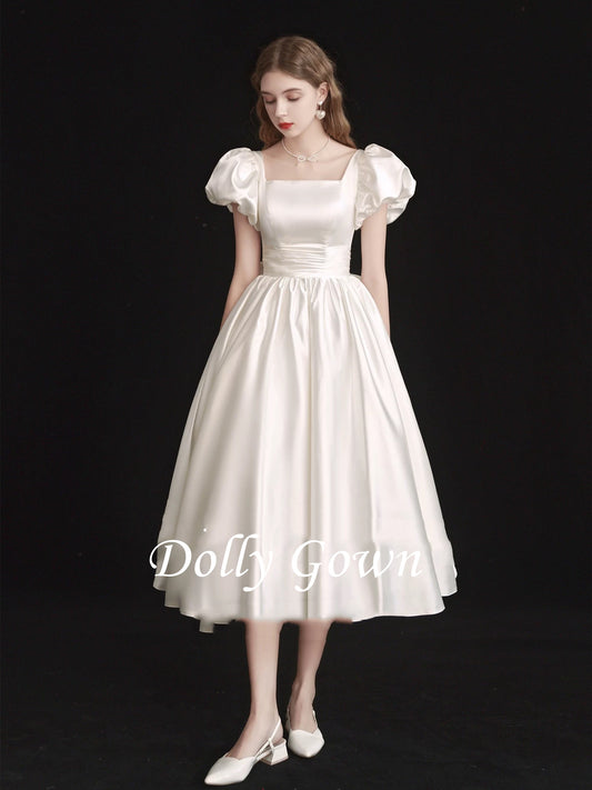 Square Neck Satin 50s Style Short Wedding Dress with Bubble Short Sleeves - DollyGown