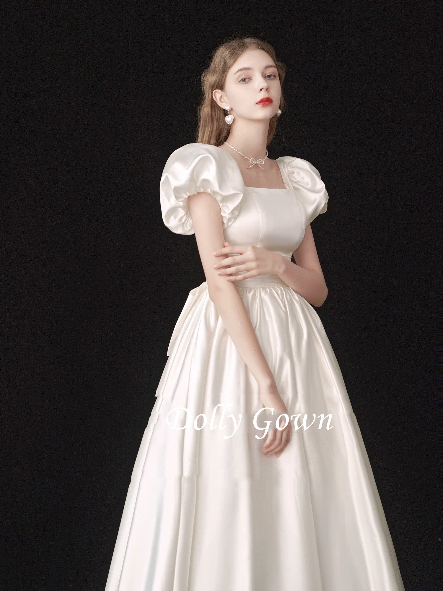 Square Neck Satin 50s Style Short Wedding Dress with Bubble Short Sleeves - DollyGown