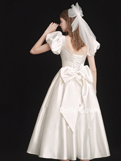 Square Neck Satin 50s Style Short Wedding Dress with Bubble Short Sleeves - DollyGown