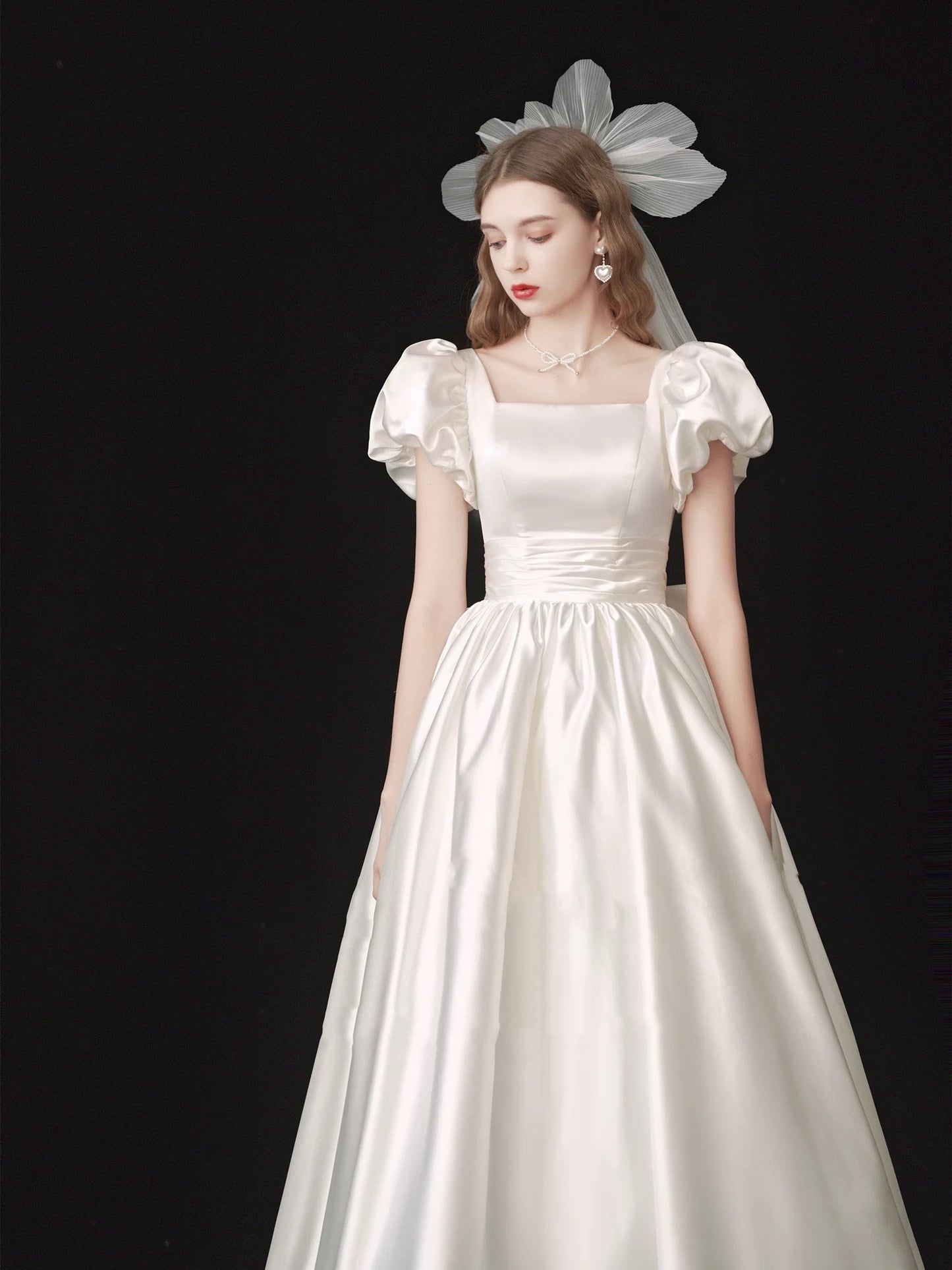 Square Neck Satin 50s Style Short Wedding Dress with Bubble Short Sleeves - DollyGown