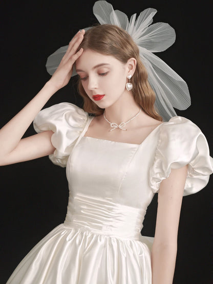 Square Neck Satin 50s Style Short Wedding Dress with Bubble Short Sleeves - DollyGown