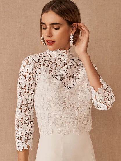 Twyla Modest High Neck Long Sleeved Lace Bridal Top - DollyGown