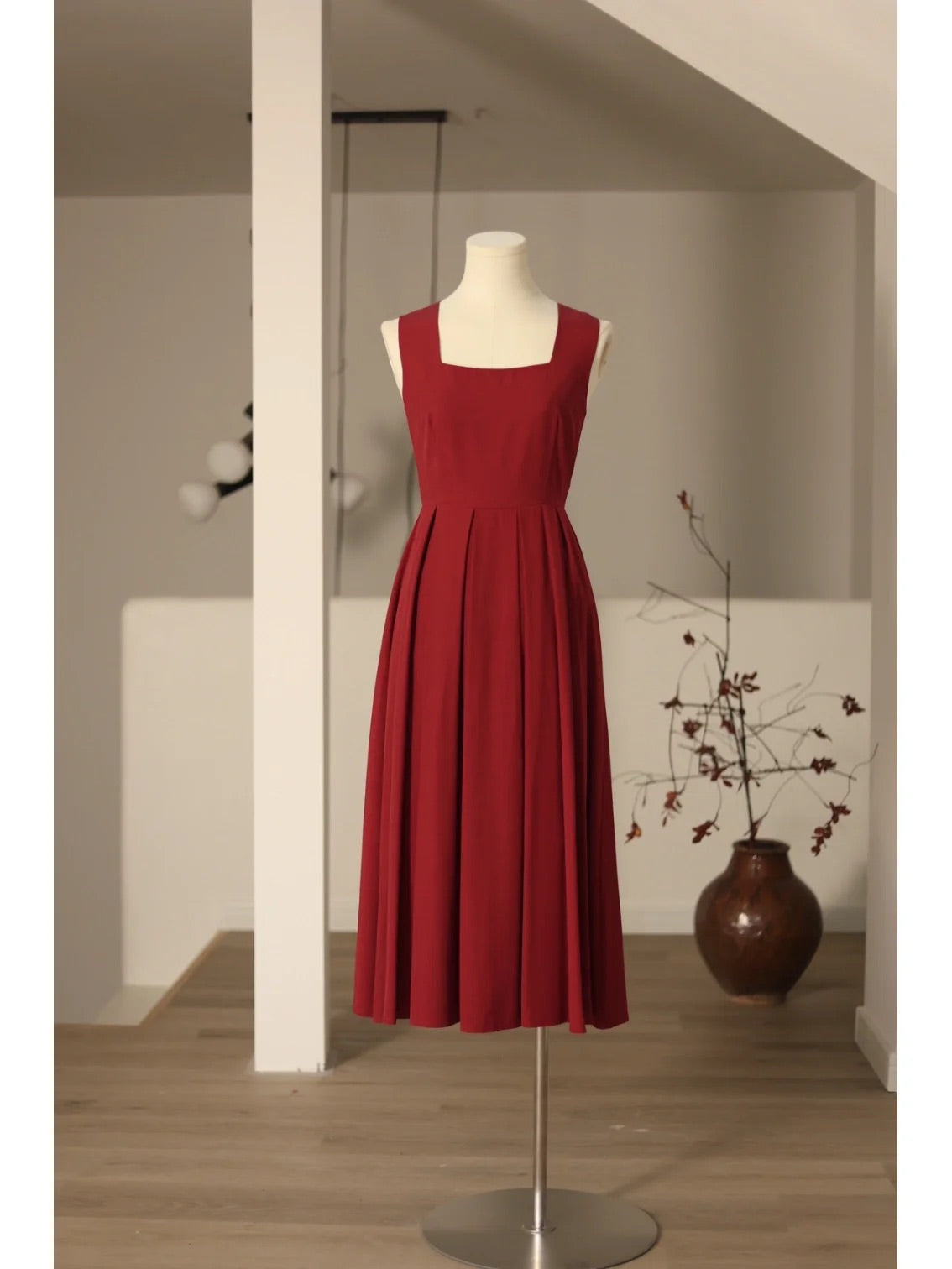 Vintage Burgundy Square Neck 50s Dress - DollyGown