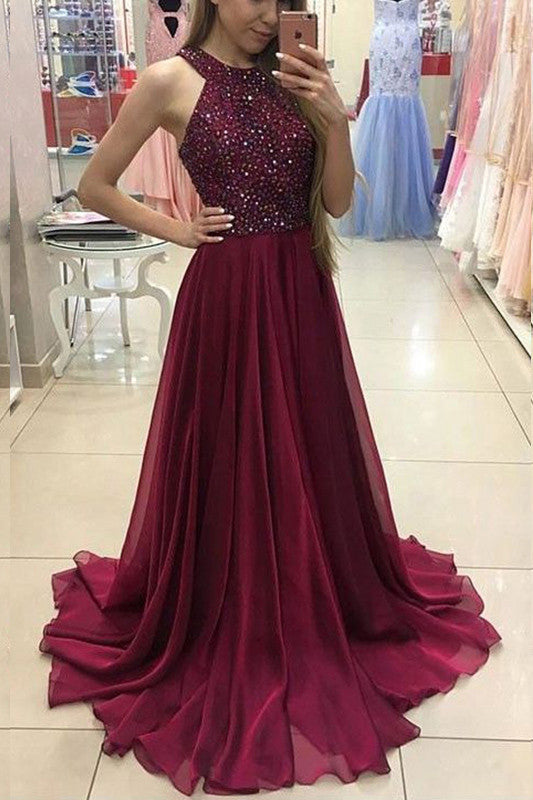 Maroon Prom Dress Fancy Beading Halter A Line Chiffon Party Prom Dress 201707206-Dolly Gown