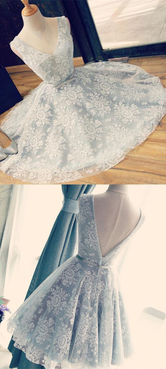 Dusty Pale Blue V Neck Lace Short Homecoming dress