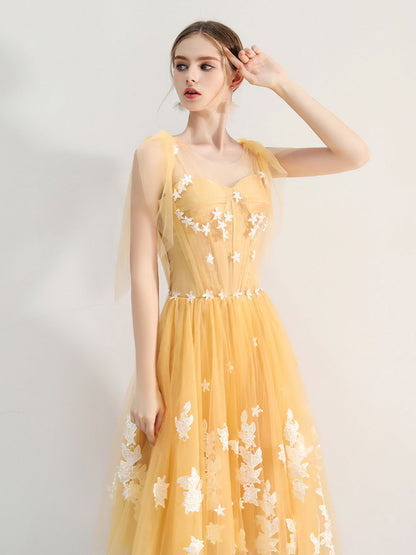 Illusion Yellow Calf Length Fairytale Homecoming Dress Prom Dress - DollyGown