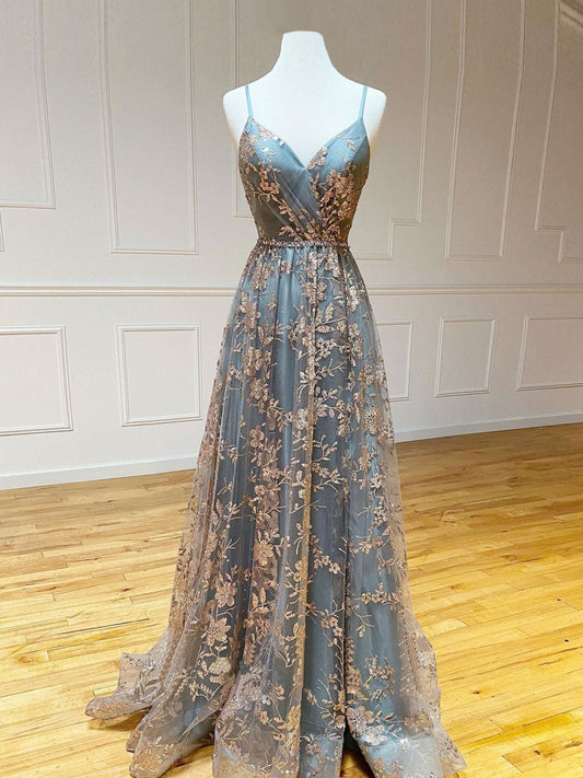 A-Line Tulle Gold/Blue Long Prom Dress, Blue Formal Evening Dress