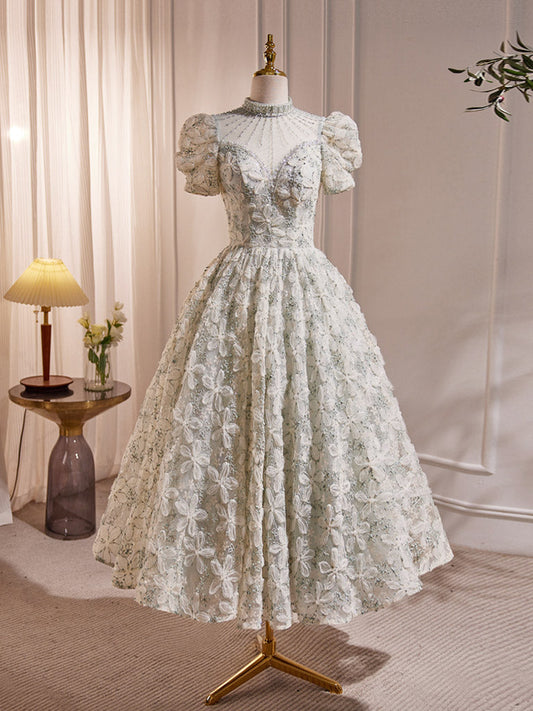 Modest 3D Flora Material Calf Length Prom Dress with Short Sleeves - DollyGown