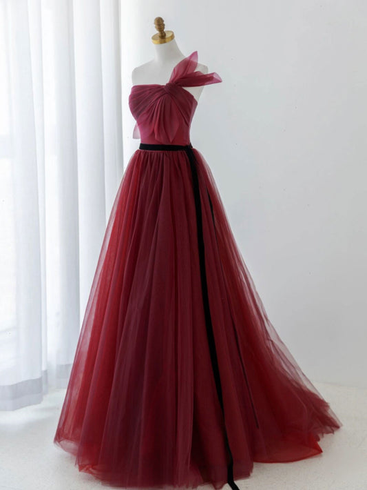 Strapless Burgundy Tulle A-line  Formal Dress Prom Dress - DollyGown