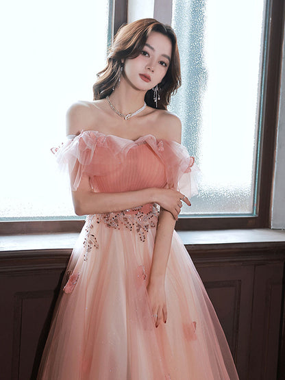 Peach Pink Off The Shoulder A-line Maxi Long Prom Dress - DollyGown