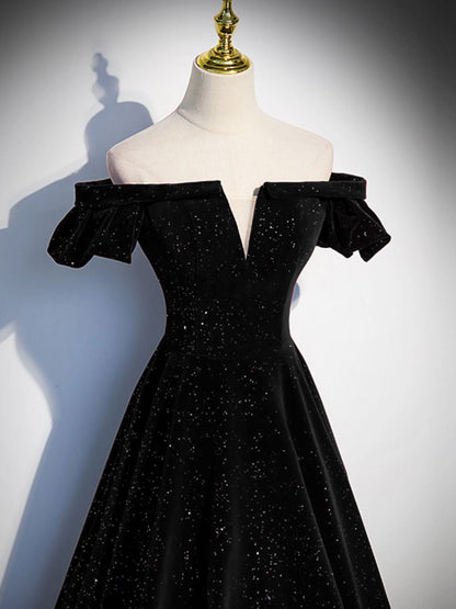 Simple Black Velvet Off the Shoulder Formal Dress - DollyGown