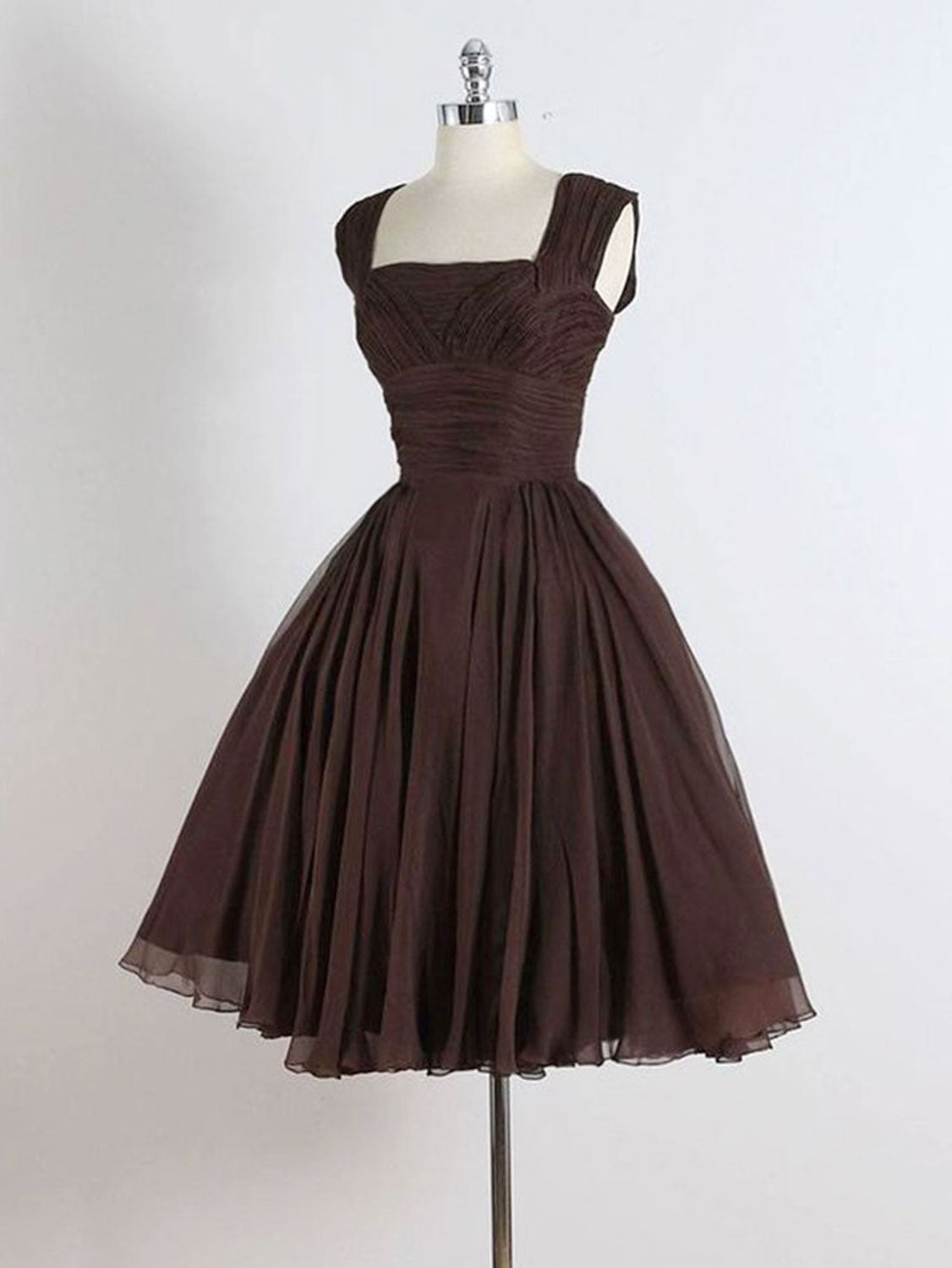 50s Style Square Neck Brown Vintage Short Bridesmaid Dress - DollyGown