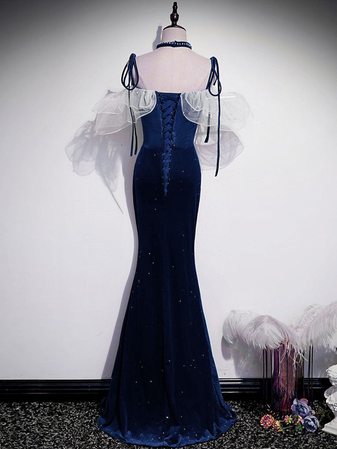 Unique Blue Velvet Long Prom Dress with Slit