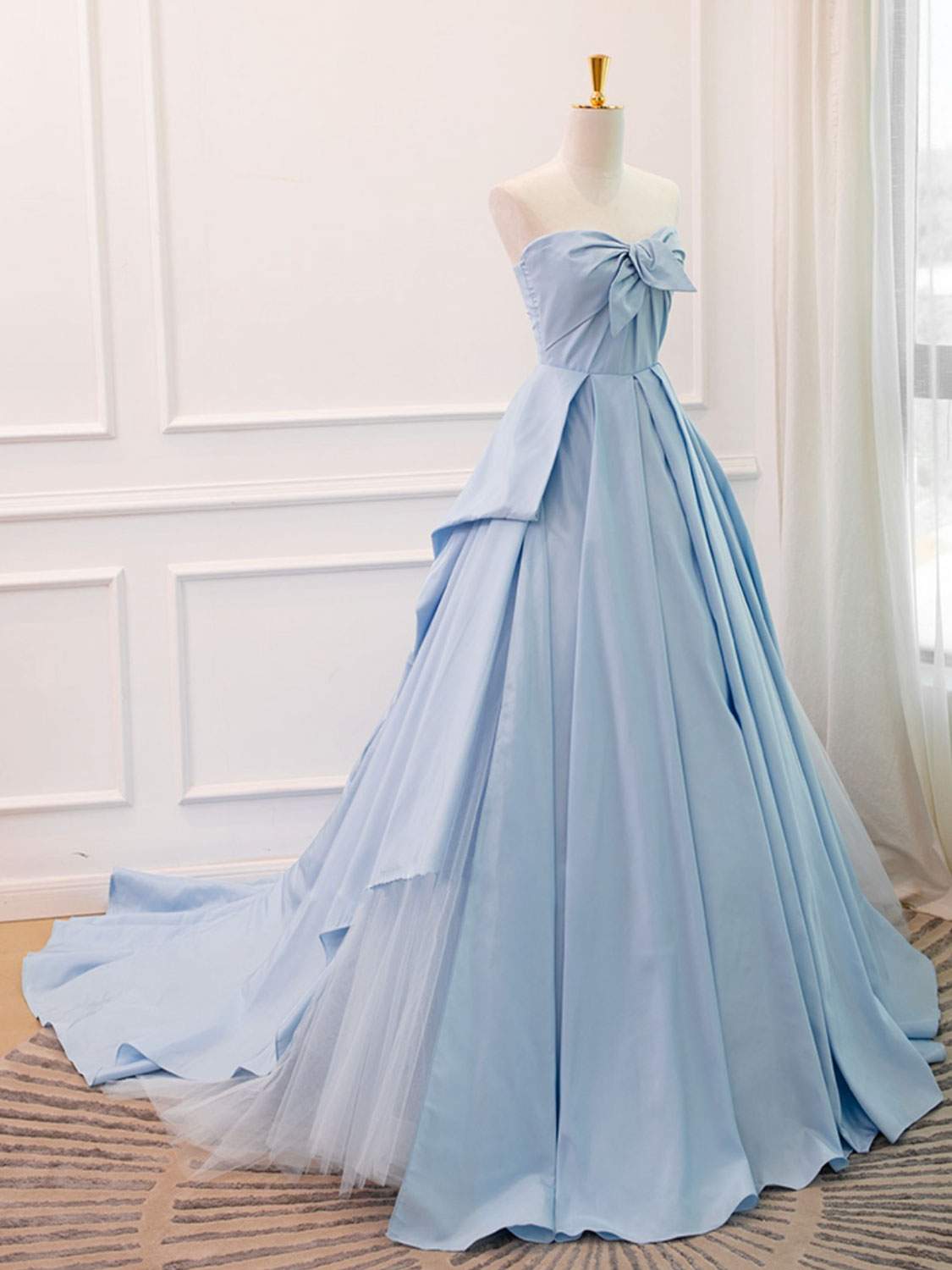 Sky Blue Strapless Ball Gown Ruched Prom Dress Formal Dress