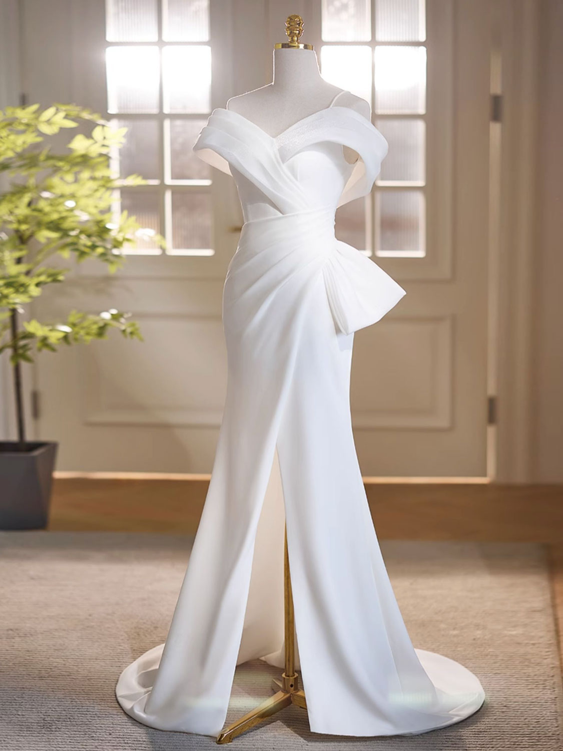 White Off Shoulder Satin Long Evening Dress White Formal Dress with Slit