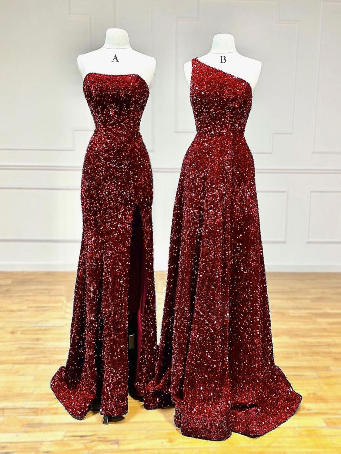 Unique Velvet Sequin Mermaid Burgundy Long Prom Dress, Burgundy Formal Evening Dress - DollyGown