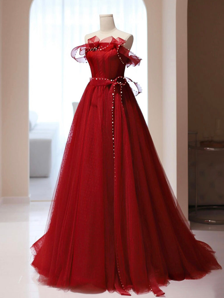 Off The Shoulder Tulle Red Prom Dress Graduation Dress