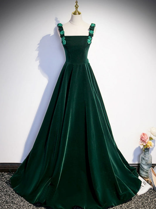 Emerald Green Velvet Rose Straps A-line Prom Dress - DollyGown