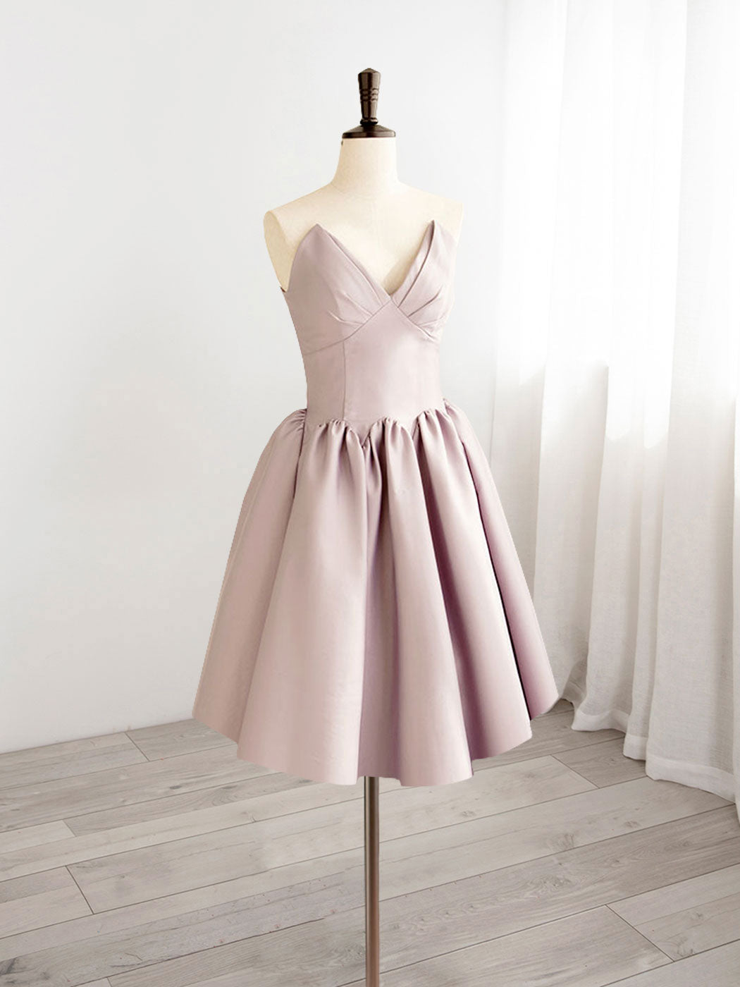 Pale Pink V-Neck Satin Short Party Dress 8th Grade Dance Dress - DollyGown