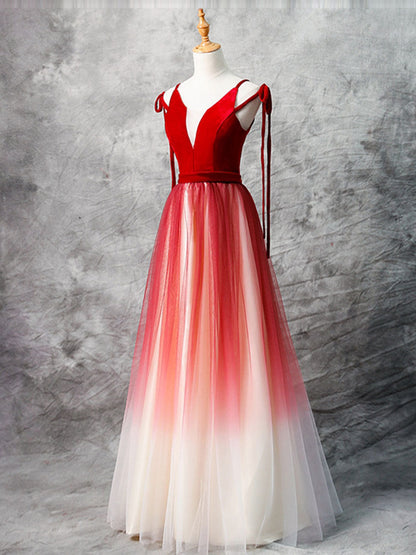 Ombre Red Maxi Long A-line Prom Dress Formal Dress - DollyGown