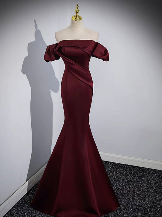 Off the Shoulder Satin Burgundy Mermaid Prom Dress Formal Gown - DollyGown