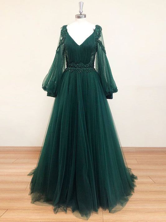 Emerald Green V-Neck Lace Tulle Formal Prom Dress with Long Sleeves - DollyGown