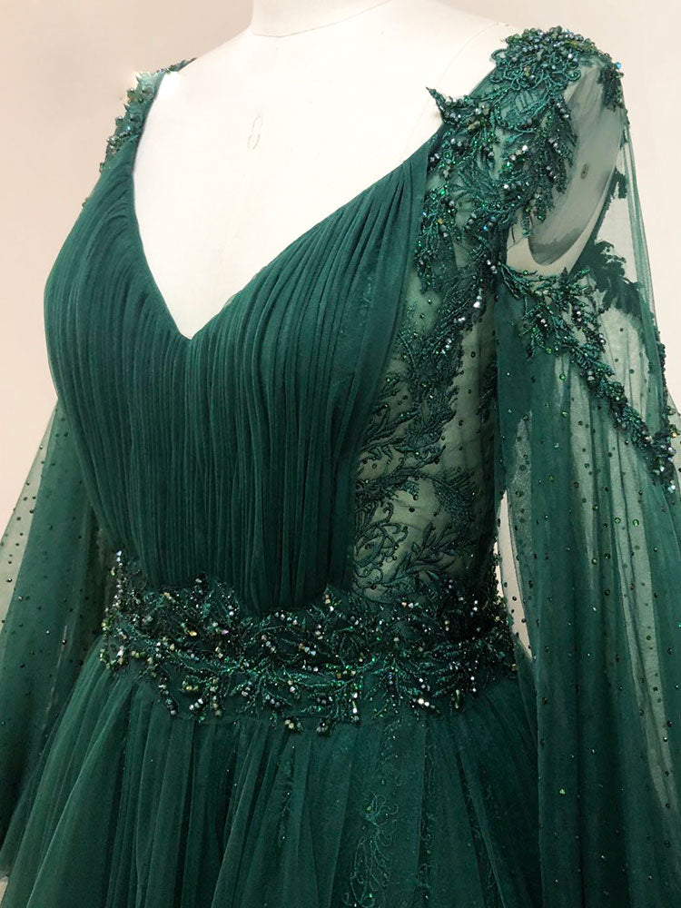 Emerald Green V-Neck Lace Tulle Formal Prom Dress with Long Sleeves