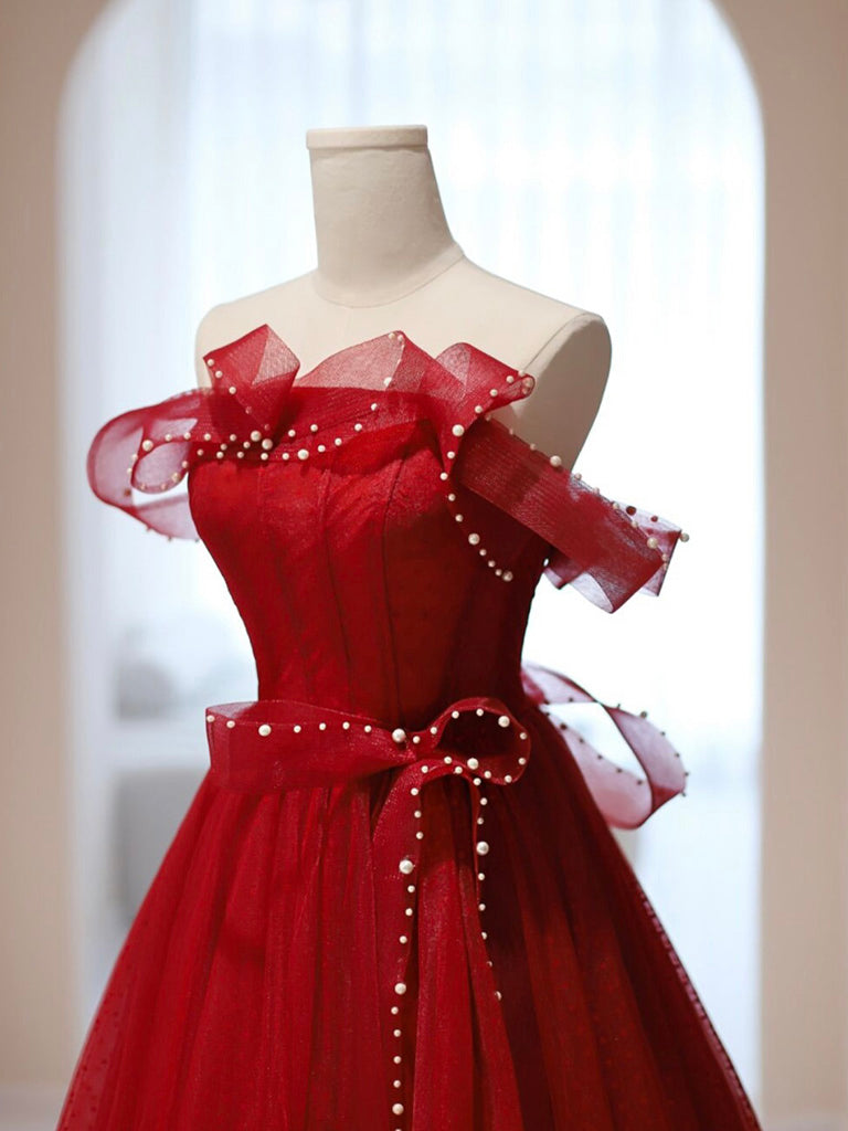 Off The Shoulder Tulle Red Prom Dress Graduation Dress