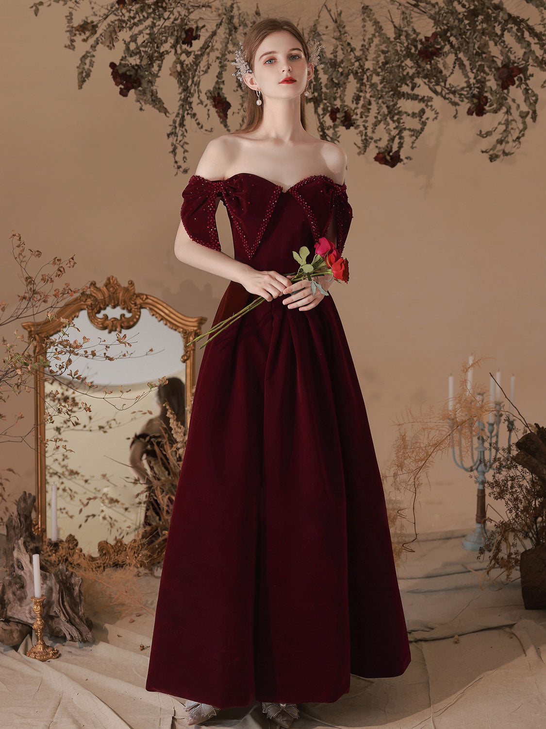 Classy Off The Shoulder Burgundy Velvet Prom Dress - DollyGown