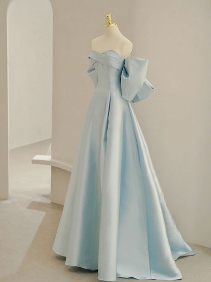 Light Blue A-line Strapless Satin Long Formal Dress with Bow Back - DollyGown